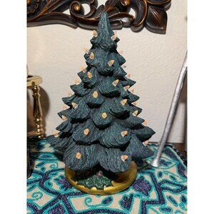 Vtg 1980s Ceramic Christmas Tree Lamp Gold Base Holly Works  Table Top decor rea